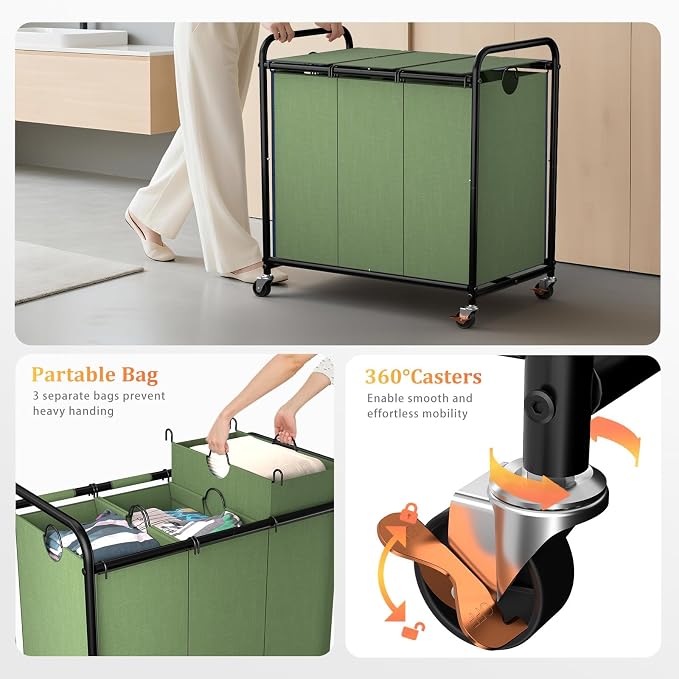 180L Laundry Sorter 3 Section, Rolling Laundry Basket - Image 3