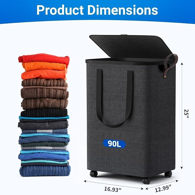 Laundry Basket with 5 Wheels, Tall Dirty Laundry Hamper, Rolling Laundry Basket - Image 3