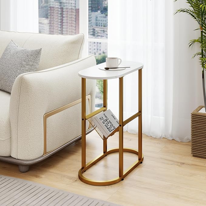 Tangkula Oval Narrow Side Table, 2-Tier End Table w/Mesh Magazine Rack - Image 2