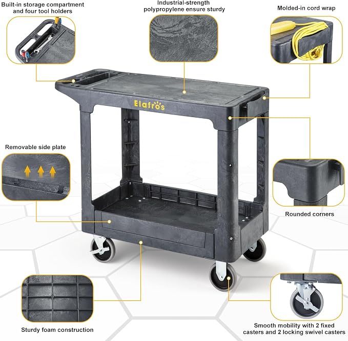 ELAFROS Heavy Duty Plastic Utility Cart Flat top 37 x 18.8 Inch - Image 3