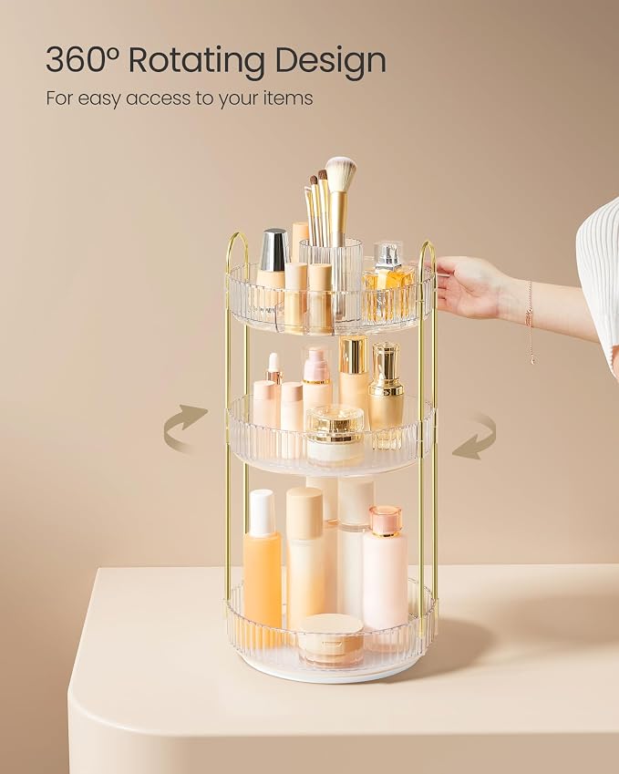 SONGMICS Makeup Organizer, 3-Tier Round Rotating Skincare Organizer Countertop - Image 3