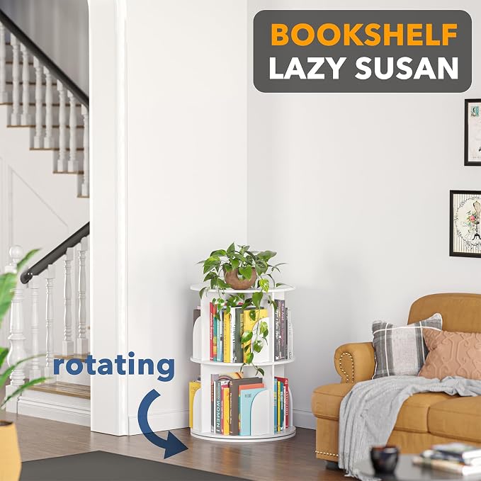SpaceAid 2 Tier Rotating Bookshelf Tower, Spinning Bookcase Lazy Susan - Image 4