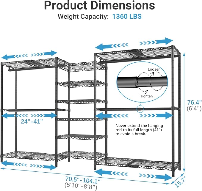 VIPEK X3 Plus Large Expandable Closet Rack Adjustable from 5'10" to 8'8" - Image 5