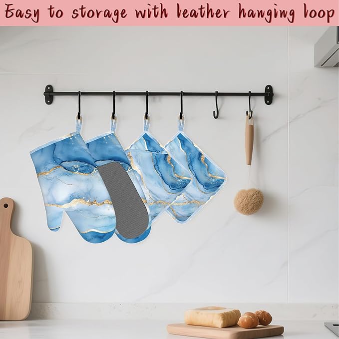 Blue Gold Marble Heat-Resistant Silicone Oven Mitts and Pot Holder 4 Piece Set - Image 5