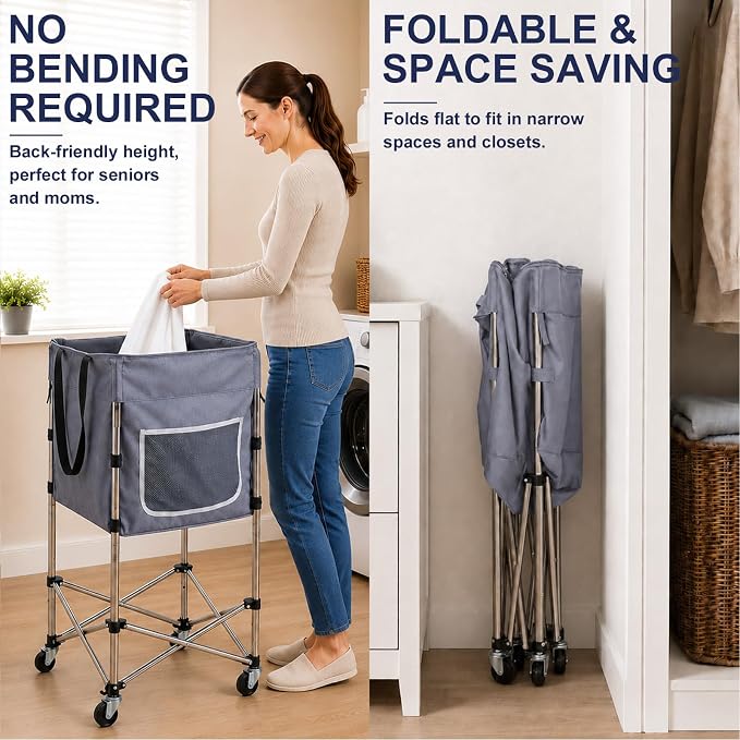 Laundry Basket with Wheels, 35.9" No-Bend Rolling Hamper, steel frame, foldable - Image 3