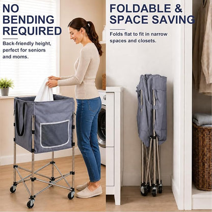 Laundry Basket with Wheels, 35.9" No-Bend Rolling Hamper, steel frame, foldable - Image 3