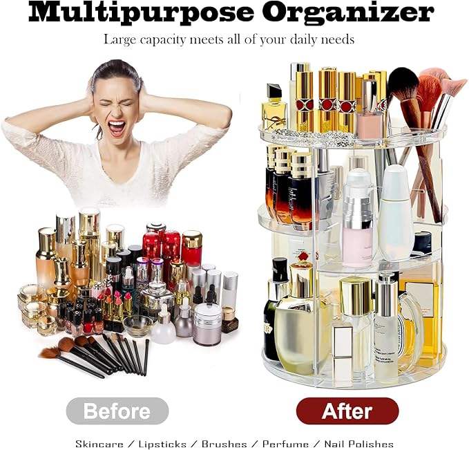 360 Rotating Makeup Organizer for Vanity Adjustable Cosmetic Display Case Large - Image 6