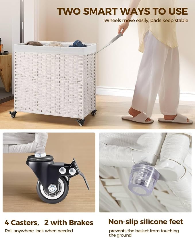 Greenstell Laundry Hamper with Wheels&Lid, 130L Large 3 Sections Clothes Hamper - Image 3