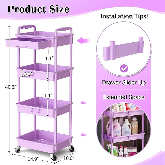 SUNALLY 4 Tier Rolling Cart Organizer - Image 3