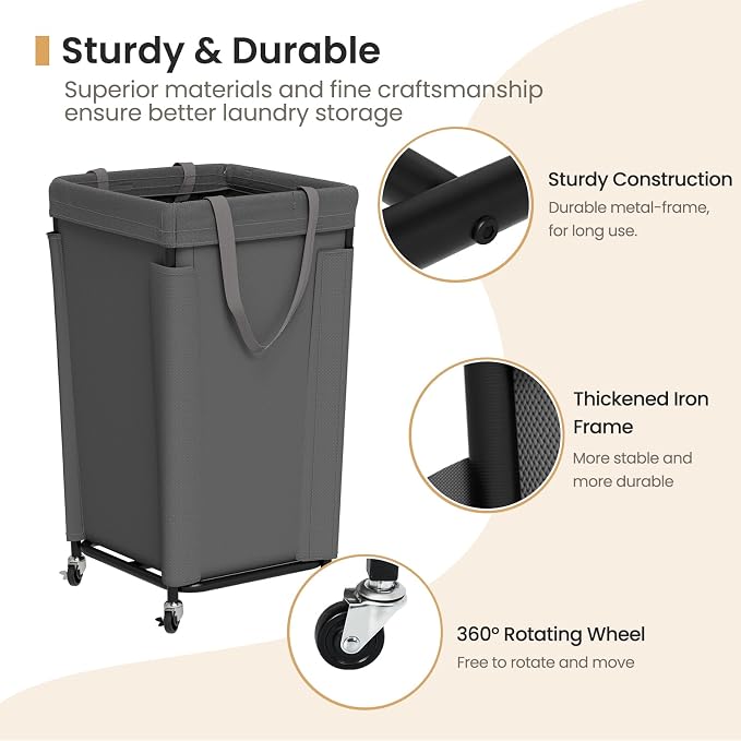 Laundry Basket with Wheels, Large Laundry Hamper with Removable Bag and Steel - Image 4