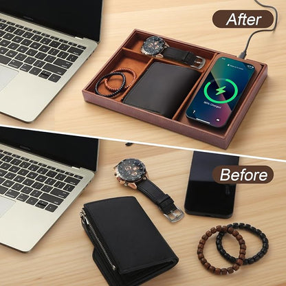 TopMade Valet Tray with Wireless Charging Pad Nightstand Organizer, Leather - Image 4