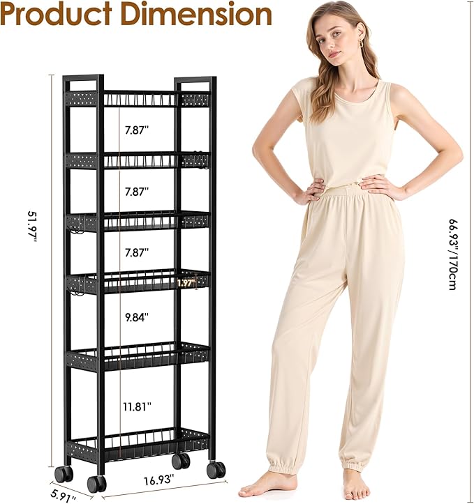 6 Tier Slim Storage Cart, Narrow Rolling Cart - Image 2