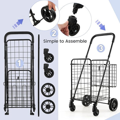 Goplus Folding Shopping Utility Cart, Double Basket and 360° Swivel Wheels - Image 6