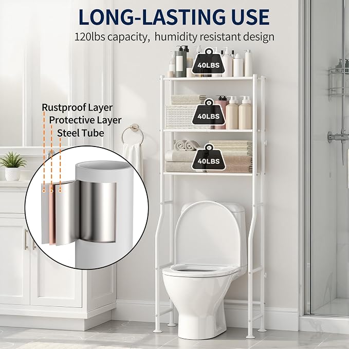 GloTika 3-Tier Over Toilet Storage Rack, Metal Over Toilet Bathroom Organizer - Image 6