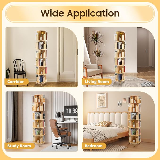 Rotating Bookshelf, 6-Tier Pine Wood Bookcase, Freestanding Bookcase Books - Image 8