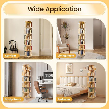 Rotating Bookshelf, 6-Tier Pine Wood Bookcase, Freestanding Bookcase Books - Image 8