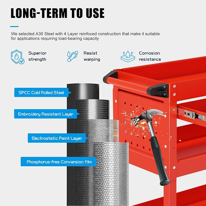3 Tier Heavy Duty Tool Cart, Mechanic Metal Rolling Tool Cart 900 Lbs Work Carts - Image 3