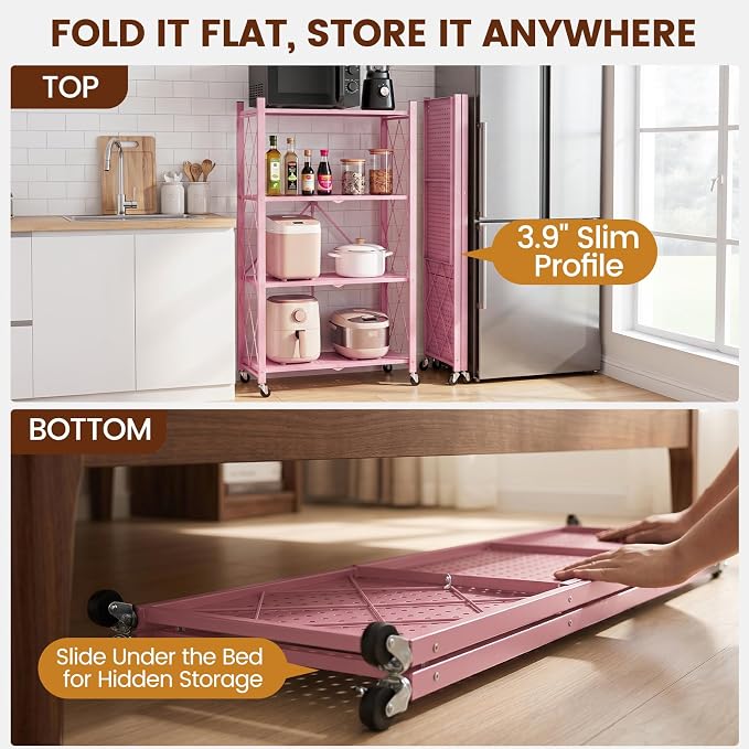 ALANNG 4 Tier Folding Storage Shelf on Wheels, Heavy Duty Metal Rolling Cart | - Image 5
