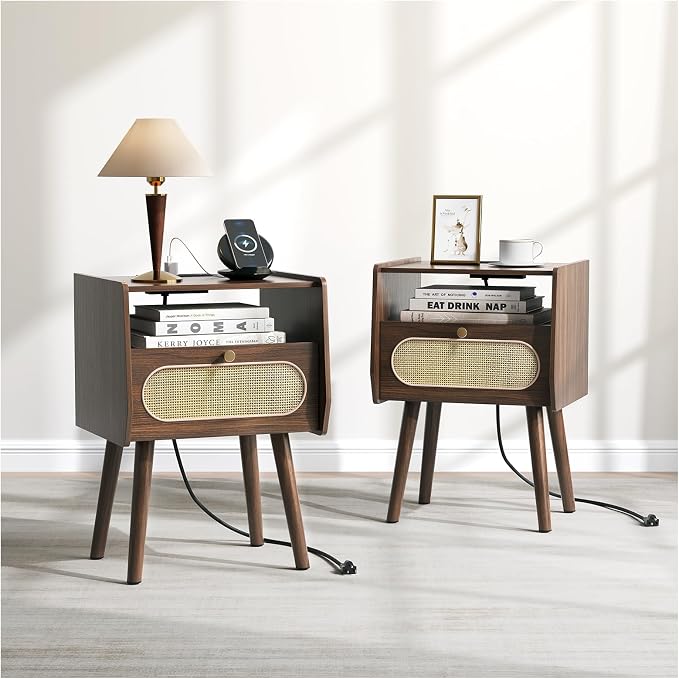 Nightstand Set of 2, Rattan Night Stands by Joinice