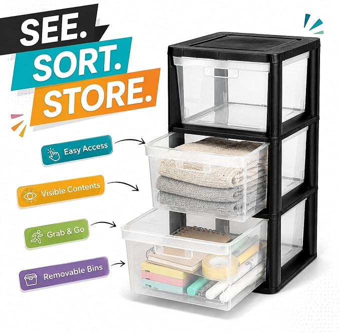 3 Drawer Plastic Storage Tower, 14.9" x 12.6" x 25.3" Medium | Organizer Chest - Image 6