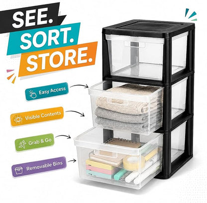 3 Drawer Plastic Storage Tower, 14.9" x 12.6" x 25.3" Medium | Organizer Chest - Image 6