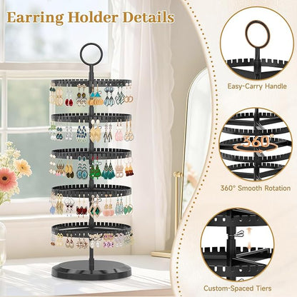 MODOWEY Rotating Earring Holder Organizer Adjustable Display, 5 Tiers Black | - Image 4