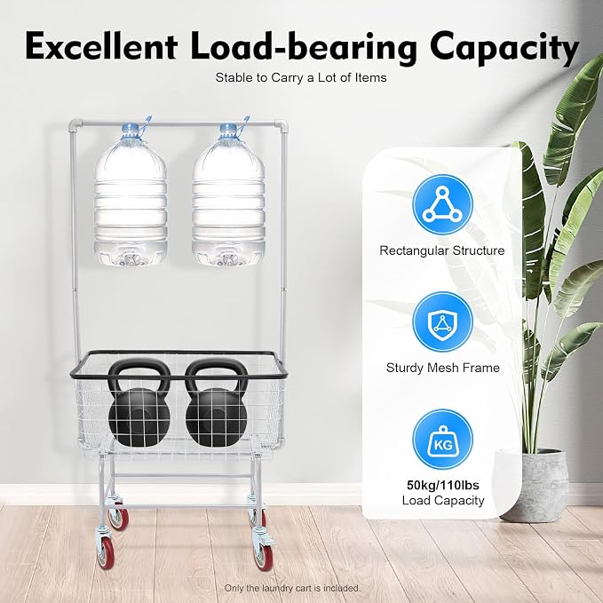 Wire Laundry Cart With Hanging Rack, 2.5 Bushel Wire Laundry Basket with Wheels - Image 3