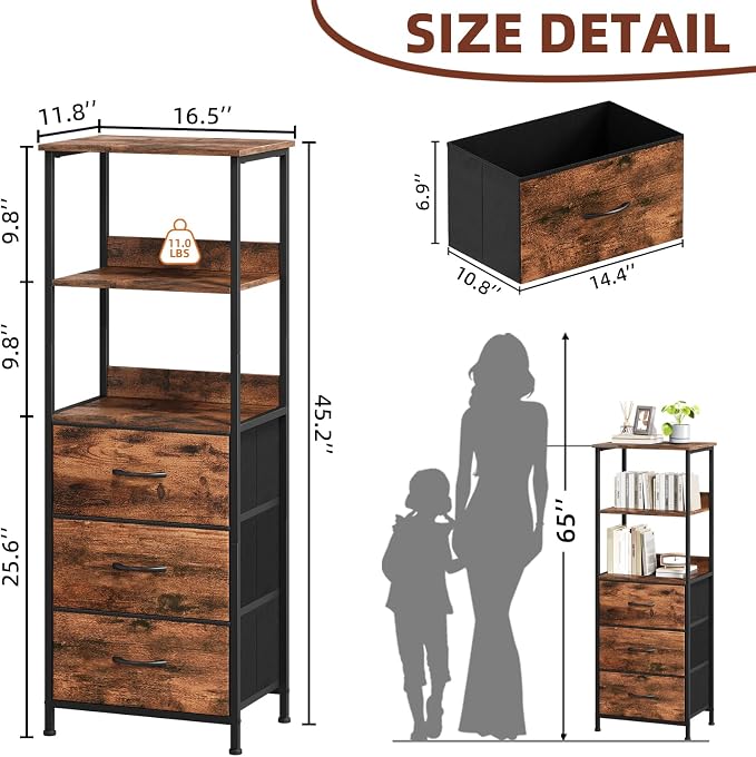 Somdot 3 Tier Bookshelf with Drawer, Tall Bookcase with Shelves, Bookshelf - Image 3