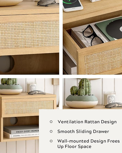Rattan Floating TV Stands Set of 4, Wall Mounted Nightstands - Image 3