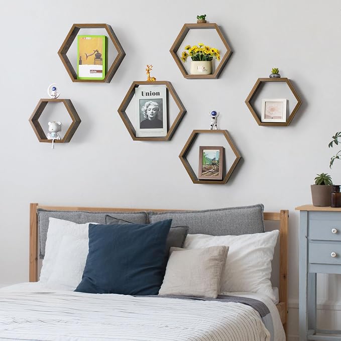 YBING Hexagon Shelves for Wall, Wood Honeycomb Floating Shelves Set of 6 - Image 5