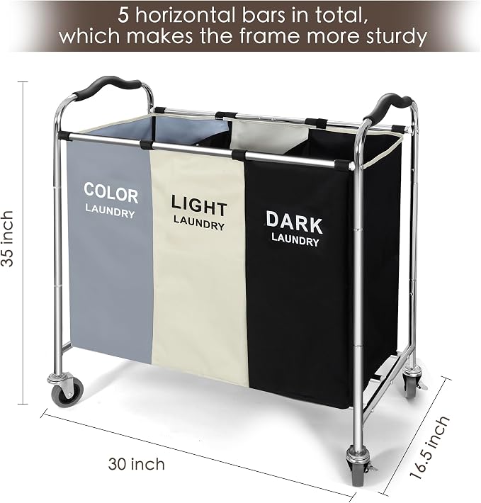 Laundry Basket with Wheels, 240l Laundry Hamper with 3 Section Laundry Bag - Image 3