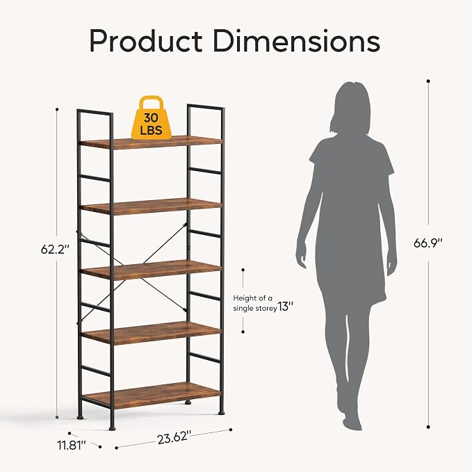 HealSmart 5 Tier Bookshelf, Free Standing Book Shelf Home Office Bookcase Shelf - Image 3