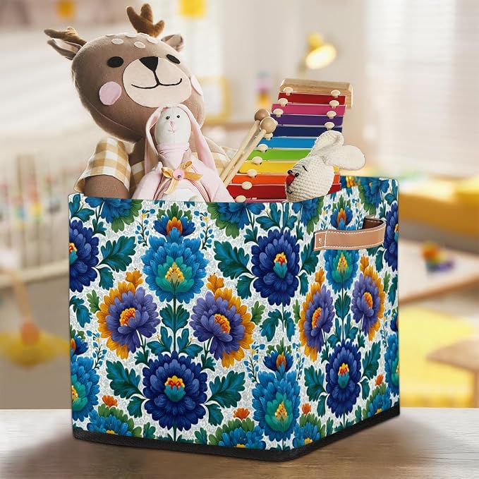 TropicalLife 13x13x13 Inch Large Fabric Storage Cube Blue Flowers Print - Image 7