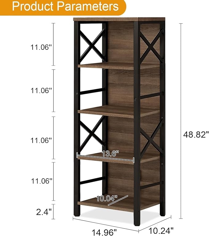 Small Bookshelf, 5 Tier Industrial Bookshelf - Image 2