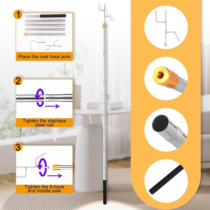 Clothes Hook Pole, 29-71" Adjustable Extension Clothing Hook Pole | Closet Hook - Image 2