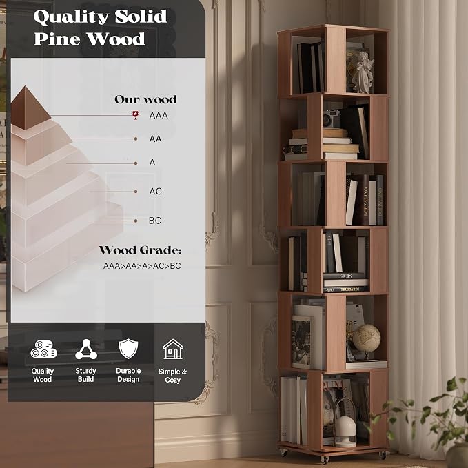 79-Inch 6 Tier Solid Wood Rotating Bookshelf Tower on Wheels, 360° Upgrade - Image 4