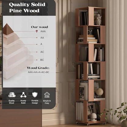 79-Inch 6 Tier Solid Wood Rotating Bookshelf Tower on Wheels, 360° Upgrade - Image 4