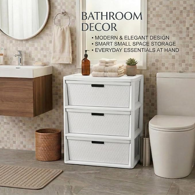 3 Drawer Wide Weave Storage Tower, Modern Style Decorative Freestanding Storage - Image 6