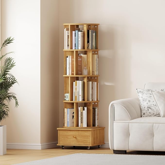 Rotating Bookshelf with Drawers on Lockable Wheels Wood Oak | 5 Tier Spinning by LMSXG-MZ