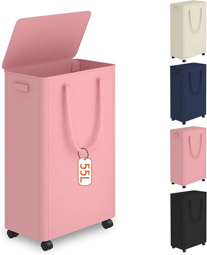 Slim Laundry Hamper with Wheels, 15 Gal Rolling Laundry Basket with lid and by Vincona