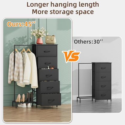 Somdot Dresser with Hanging Rack, 5 Drawers Small Closet - Image 8