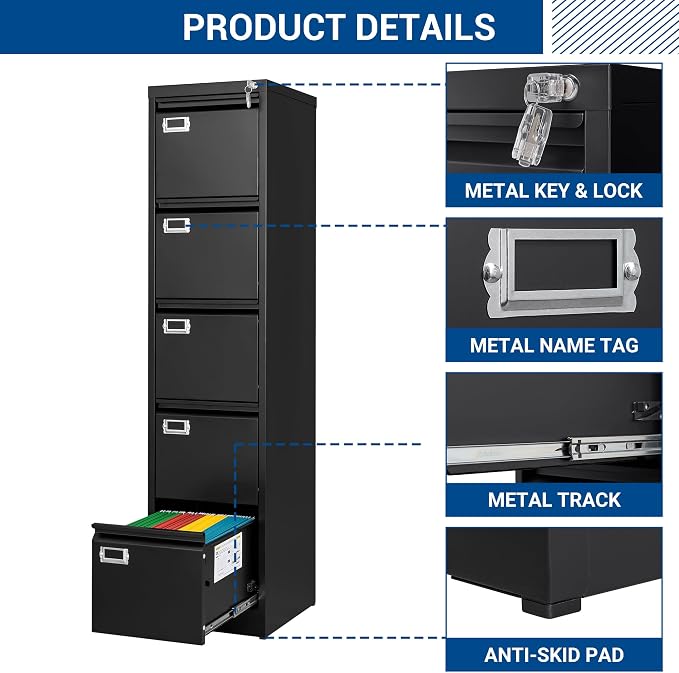 File Cabinets - 5 Drawers Vertical 17.8" Deep Lockable Filing Cabinet - Black & - Image 8