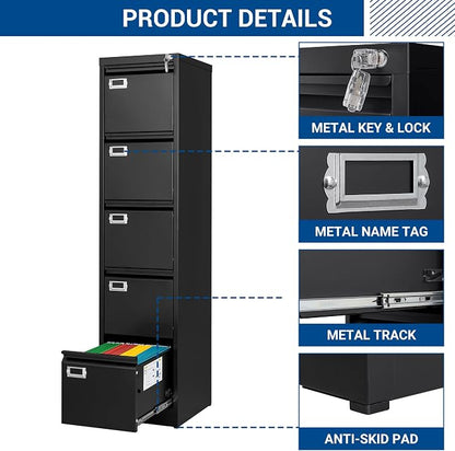 File Cabinets - 5 Drawers Vertical 17.8" Deep Lockable Filing Cabinet - Black & - Image 8
