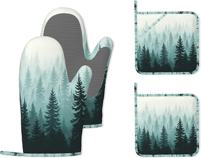 Misty Forest Silicone Oven Mitts and Pot Holders, Heat-Resistant 4 Piece by Unknown