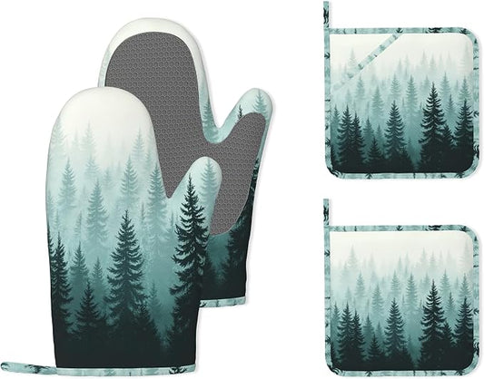 Misty Forest Silicone Oven Mitts and Pot Holders, Heat-Resistant 4 Piece by Unknown