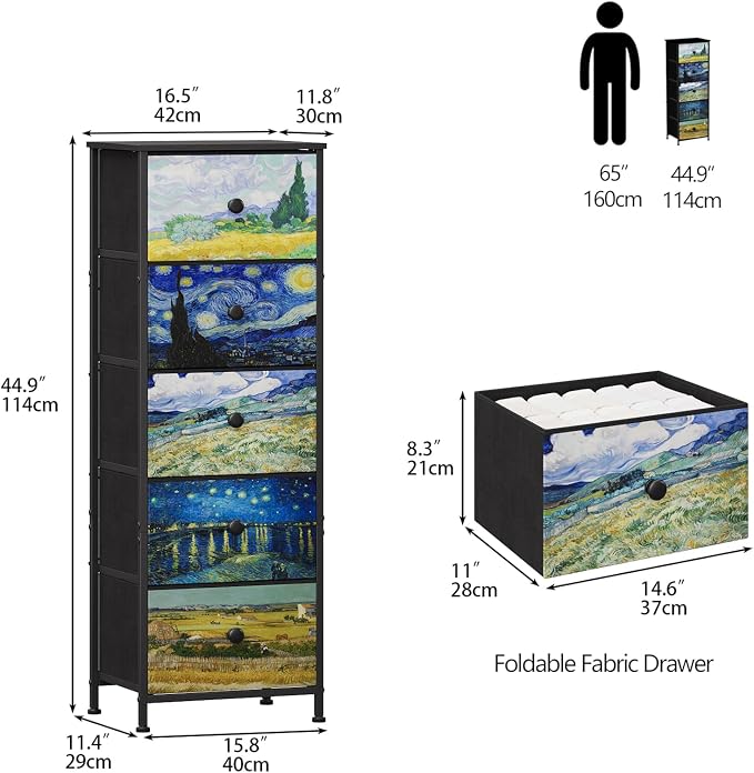 Dresser with 5 Drawers Narrow Tall Nightstand Van Gogh Dresser - Image 3
