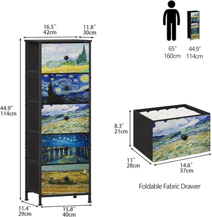 Dresser with 5 Drawers Narrow Tall Nightstand Van Gogh Dresser - Image 3