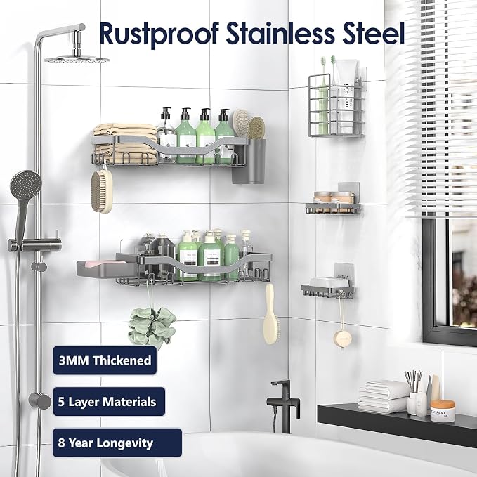 Shower Caddy Adhesive Shower Organizer 7-Pack, Rustproof Stainless Steel - Image 5