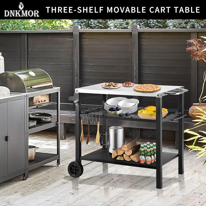 Dining Cart Table with Three Shelf, Movable Outdoor BBQ Grill Table Pizza Oven - Image 5