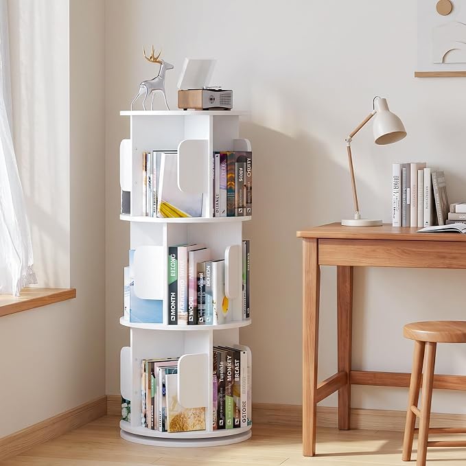 3-Tier 360° Rotating Bookshelf, Round Floor Standing Bookcase by Unknown